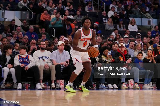 Anunoby of the New York Knicks shoots the ball against the Minnesota Timberwolves at Madison Square Garden on January 1, 2024 in New York City. The...