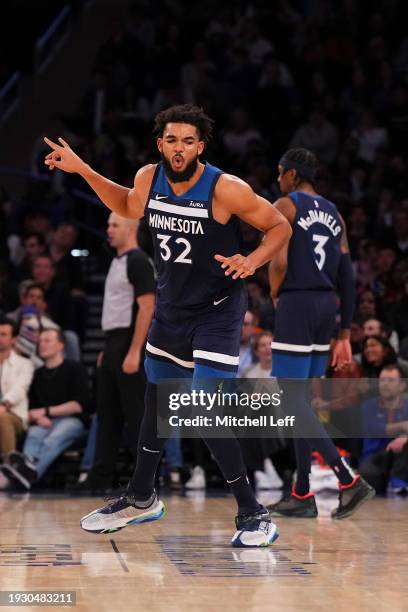 Karl-Anthony Towns of the Minnesota Timberwolves reacts against the New York Knicks at Madison Square Garden on January 1, 2024 in New York City. The...