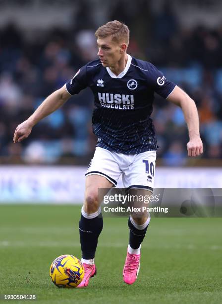 Zian Flemming of Millwall controls the ball during the Sky Bet Championship match between Millwall and Middlesbrough at The Den on January 13, 2024...