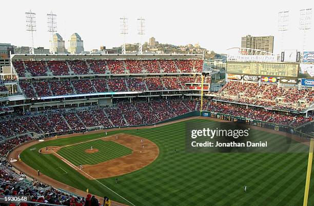 General view of Great American Ball Park stadium during the Cincinnati Reds home opening game against the Pittsburgh Pirates at Great American Ball...