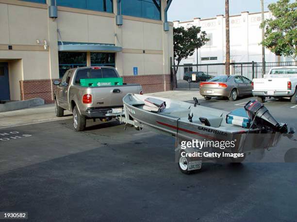 This handout photo from the Modesto Police shows a Ford F150 pickup with a fishing boat belonging to Scott Peterson January 3, 2003 in Modesto,...