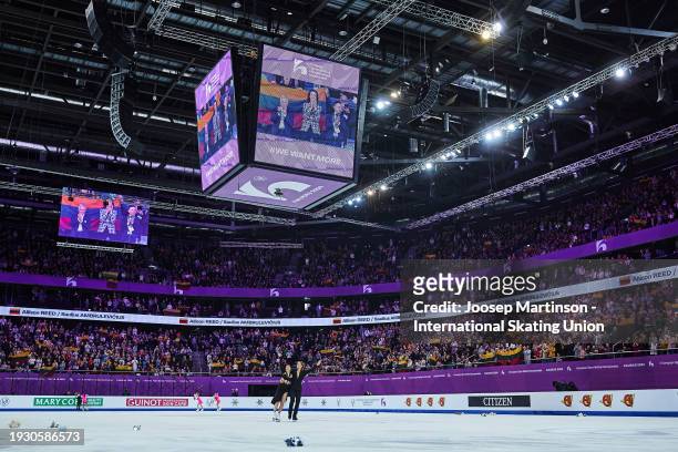 Allison Reed and Saulius Ambrulevicius of Lithuania react in the Ice Dance Free Dance during the ISU European Figure Skating Championships at...