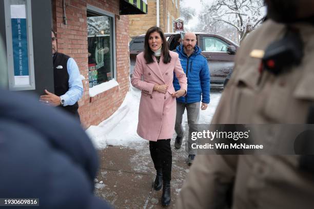 Republican presidential candidate former U.N. Ambassador Nikki Haley arrives for a campaign event at the James Theater on January 13, 2024 in Iowa...