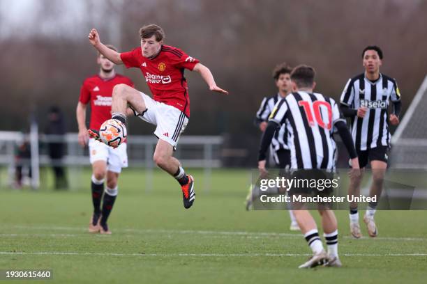 Jayce Fitzgerald of Manchester United U18 controls the ball during the U18 Premier League match between Newcastle United U18 and Manchester United...