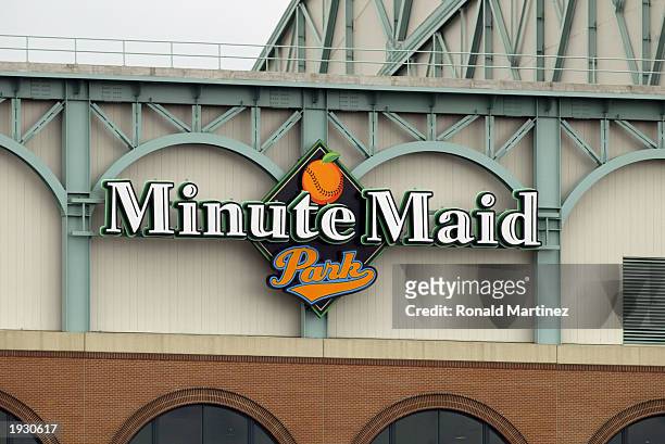 General view of Minute Maid Park logo outside the walls of the stadium prior to the MLB game between the Houston Astros and Colorado Rockies at...