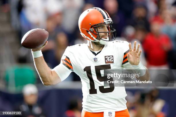 Joe Flacco of the Cleveland Browns throws a pass against the Houston Texans during the first quarter in the AFC Wild Card Playoffs at NRG Stadium on...