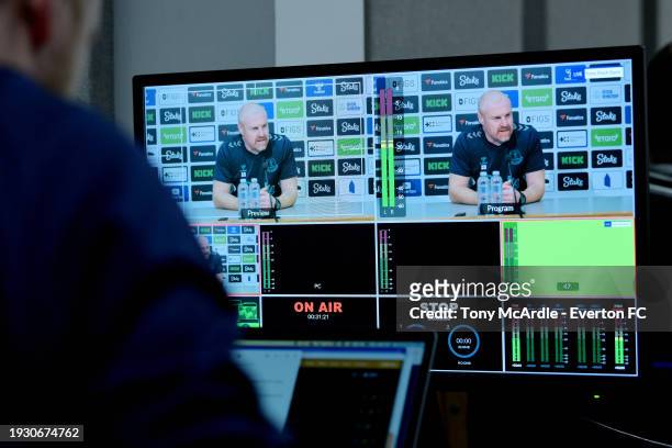 Sean Dyche speaks to the media during the Everton Press Conference at Finch Farm on January 12, 2024 in Halewood, England.