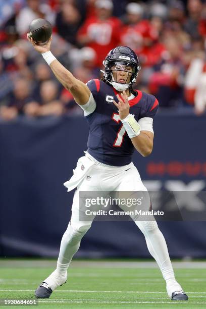 Stroud of the Houston Texans throws a pass against the Cleveland Browns during the first quarter in the AFC Wild Card Playoffs at NRG Stadium on...