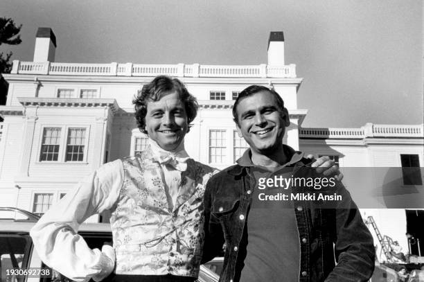 Portrait of American film composer Richard Robbins and film producer Ismail Merchant on the set of 'The Bostonians' on the set of the film 'The...