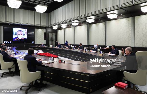 Turkish President Recep Tayyip Erdogan conducts a video conference meeting with the first Turkish astronaut, Alper Gezeravci, who is slated to embark...