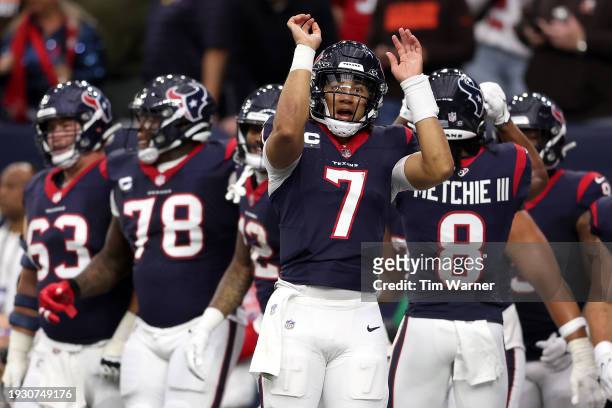 Stroud of the Houston Texans celebrates a touchdown against the Cleveland Browns during the first quarter in the AFC Wild Card Playoffs at NRG...