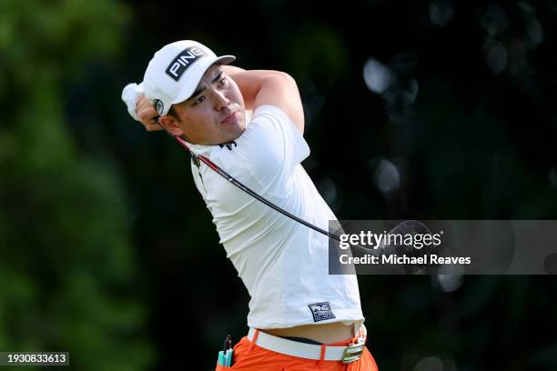 Taiga Semikawa of Japan plays his shot from the fifth tee during the third round of the Sony Open in Hawaii at Waialae Country Club on January 13,...