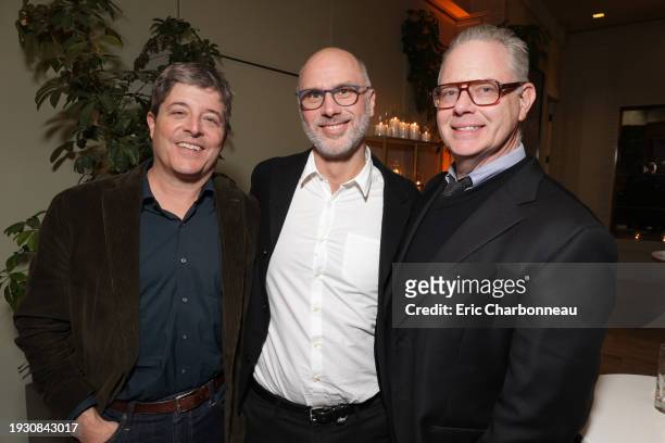 Dan Erlij, Jesse Armstrong and Gregory McKnight attend UTA's 75th Primetime Emmy Awards "Succession" Celebration at Spago on January 12, 2024 in...