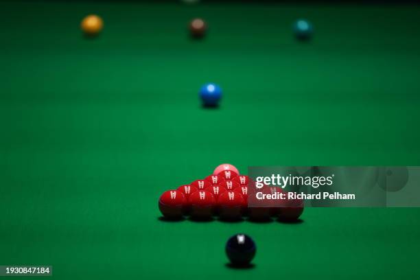 View of Snooker balls set up on a championship table during day seven of the MrQ Masters Snooker 2024 at Alexandra Palace on January 13, 2024 in...