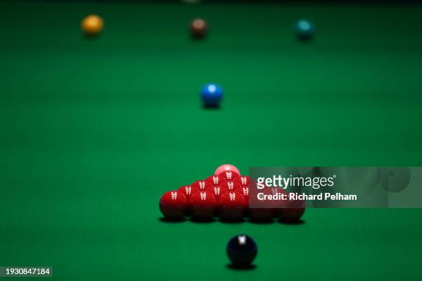 View of Snooker balls set up on a championship table during day seven of the MrQ Masters Snooker 2024 at Alexandra Palace on January 13, 2024 in...