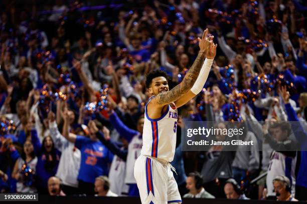 Will Richard of the Florida Gators celebrates after making a three point basket during the second half of a game against the Arkansas Razorbacks at...