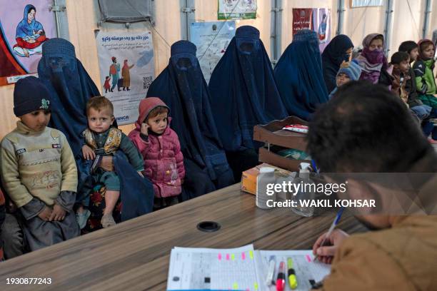 This photograph taken on January 9, 2024 shows Afghan burqa-clad women and children refugees deported from Pakistan, in a nutrition ward at the...