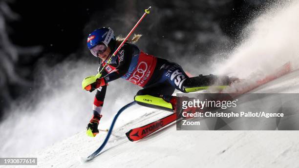Mikaela Shiffrin of Team United States in action during the Audi FIS Alpine Ski World Cup Women's Slalom on January 16, 2024 in Flachau, Austria.