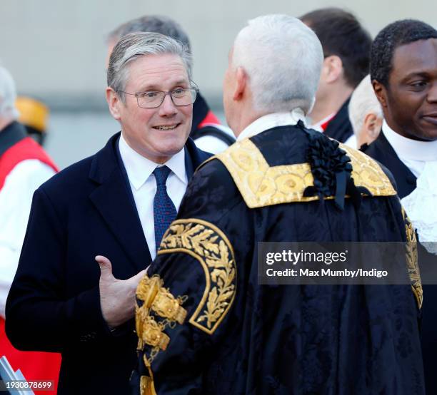 Leader of the Labour Party Sir Keir Starmer talks with Speaker of the House of Commons Sir Lindsay Hoyle as they attend a Service of Thanksgiving for...