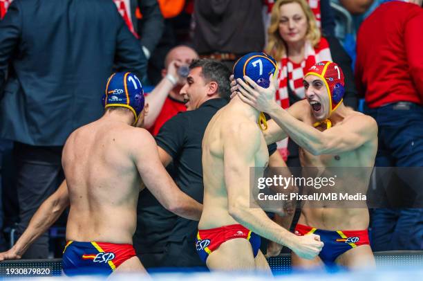 Unai Biel Lara of Spain and Spain Goalkeeper Unai Aguirre Rubio celebrates after the 2024 Men's European Water Polo Championship Gold Medal match...