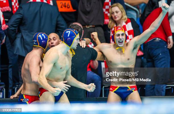 Unai Biel Lara of Spain and Spain Goalkeeper Unai Aguirre Rubio celebrates after the 2024 Men's European Water Polo Championship Gold Medal match...