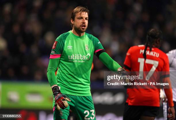 Luton Town goalkeeper Tim Krul in action during the Emirates FA Cup third round replay match at the Toughsheet Community Stadium, Bolton. Picture...