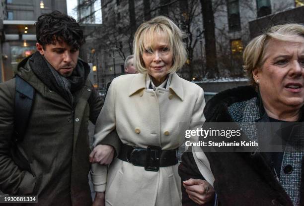 Jean Carroll departs from her defamation trial against former President Donald Trump at New York Federal Court on January 16, 2024 in New York City....
