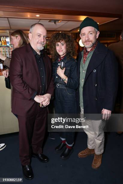 Paul Giamatti, Rachel Mariam and Martin Freeman attend a special screening of "The Holdovers" at The Curzon Mayfair on January 16, 2024 in London,...