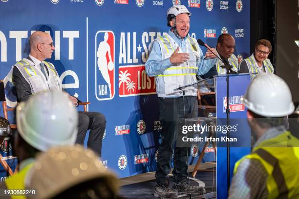 Clippers owner Steve Ballmer, center, flanked by NBA Commissioner Adam Silver, left, Inglewood Mayor James Butts and LA Mayor Karen Bass, at press...