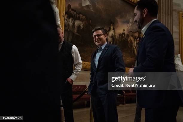 Speaker of the House Mike Johnson talks with guests of Rep. Michael Lawler in the rotunda of the U.S. Capitol on January 16, 2024 in Washington, DC....