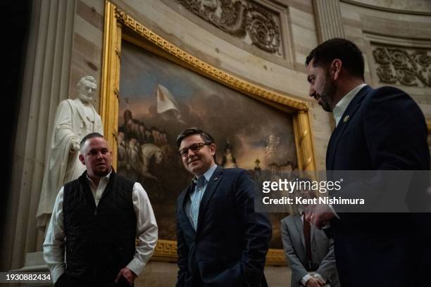 Speaker of the House Mike Johnson talks with guests of Rep. Michael Lawler in the rotunda of the U.S. Capitol on January 16, 2024 in Washington, DC....
