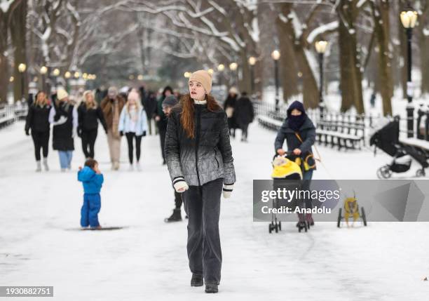 People are seen during cold weather following snow days at the Central Park in New York City, United States on January 16, 2024. New York received...