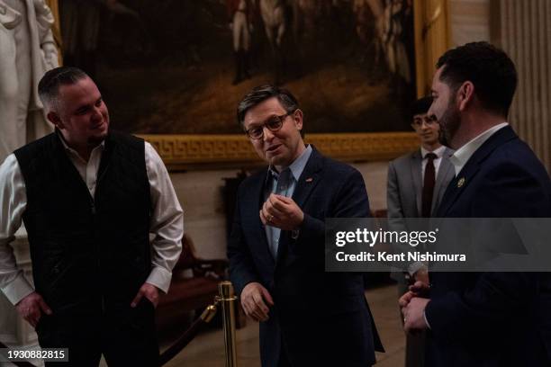 Speaker of the House Mike Johnson talks with guests of Rep. Michael Lawler in the rotunda of the U.S. Capitol on January 16, 2024 in Washington, DC....