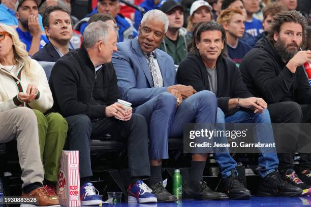 Julius "Dr. J" Erving, Josh Harris, and David Adelman attend the game between the Denver Nuggets and Philadelphia 76ers on January 16, 2023 at the...