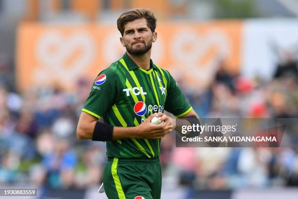 Pakistan's Shaheen Shah Afridi prepares to bowl during the third Twenty20 international cricket match between New Zealand and Pakistan University...