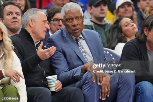 Julius "Dr. J" Erving and Josh Harris attend the game between the Denver Nuggets and Philadelphia 76ers on January 16, 2023 at the Wells Fargo Center...