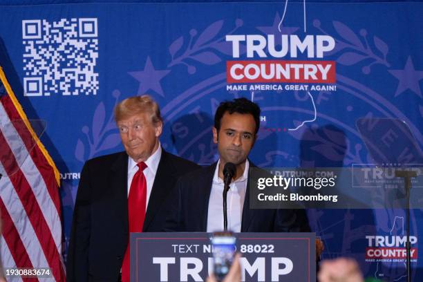 Former US President Donald Trump, left, with Vivek Ramaswamy, chairman and co-founder of Strive Asset Management, during a campaign event at the...