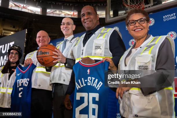 Gillian Zucker, left, president business operation, Clippers owner Steve Ballmer, NBA Commissioner Adam Silver, Inglewood Mayor James Butts and LA...