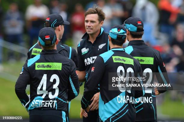 New Zealand's Tim Southee celebrates the dismissal of Pakistan's Saim Ayub during the third Twenty20 international cricket match between New Zealand...