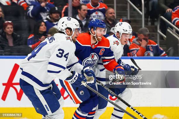 Toronto Maple Leafs Center Auston Matthews checks Edmonton Oilers Center Connor McDavid in the first period of the Edmonton Oilers game versus the...