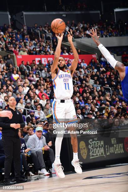 Isaiah Joe of the Oklahoma City Thunder shoots the ball during the game against the LA Clippers on January 16, 2024 at Crypto.Com Arena in Los...