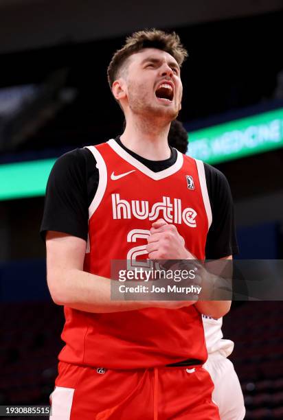 Matthew Hurt of the Memphis Hustle celebrates against the Ontario Clippers during an NBA G-League game on January 16, 2024 at Landers Center in...