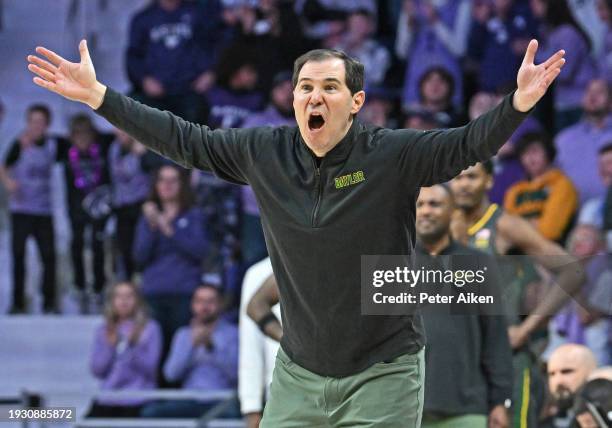 Head coach Scott Drew of the Baylor Bears reacts to a foul call against Baylor in the second half against the Kansas State Wildcats at Bramlage...