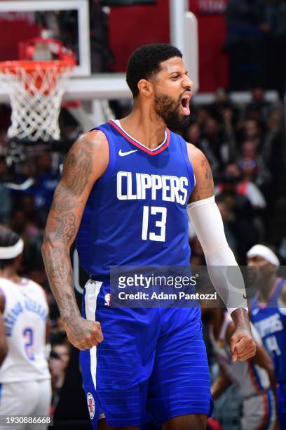 Paul George of the LA Clippers celebrates during the game against the Oklahoma City Thunder on January 16, 2024 at Crypto.Com Arena in Los Angeles,...