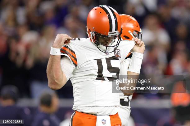 Joe Flacco of the Cleveland Browns reacts after being sacked against the Houston Texans during the third quarter in the AFC Wild Card Playoffs at NRG...