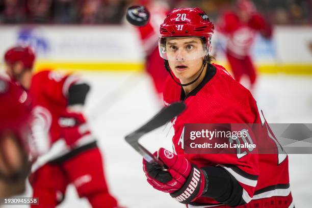 Sebastian Aho of the Carolina Hurricanes warms up prior to a game against the Pittsburgh Penguins at PNC Arena on January 13, 2024 in Raleigh, North...