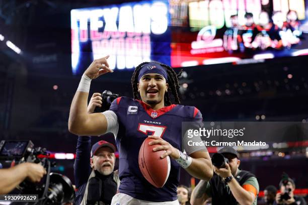 Stroud of the Houston Texans celebrates after defeating the Cleveland Browns in the AFC Wild Card Playoffs at NRG Stadium on January 13, 2024 in...
