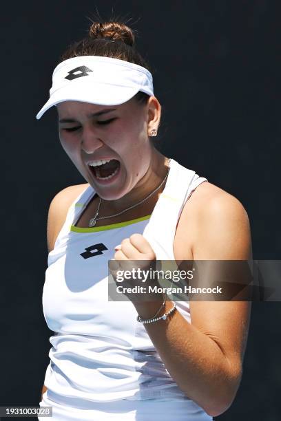 Kamilla Rakhimova celebrates winning set point in their round one singles match against Emina Bektas of the United States during day one of the 2024...