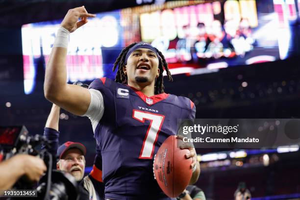 Stroud of the Houston Texans celebrates after defeating the Cleveland Browns in the AFC Wild Card Playoffs at NRG Stadium on January 13, 2024 in...