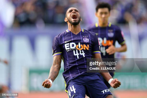 Anderson Lopes of Sanfrecce Hiroshima celebrates after scoring the team's third goal during the J.League J1 second stage match between Sanfrecce...